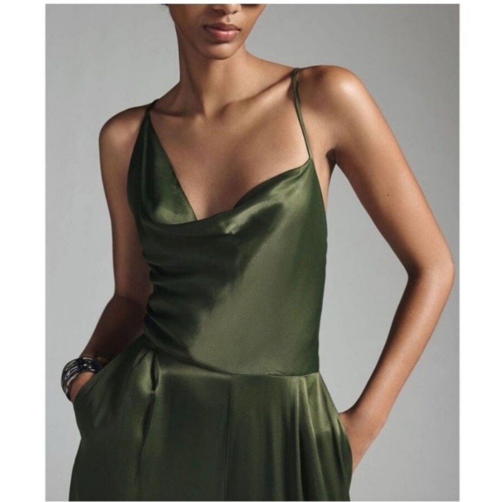 Anthropologie Green Satin Jumpsuit